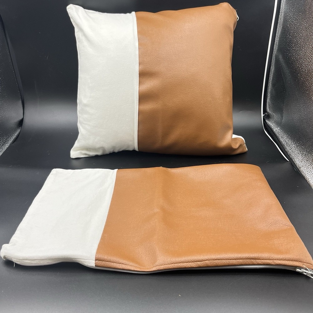 Woven Nook Set of 2 Faux Leather Color Block Throw Pillow Covers 12x18